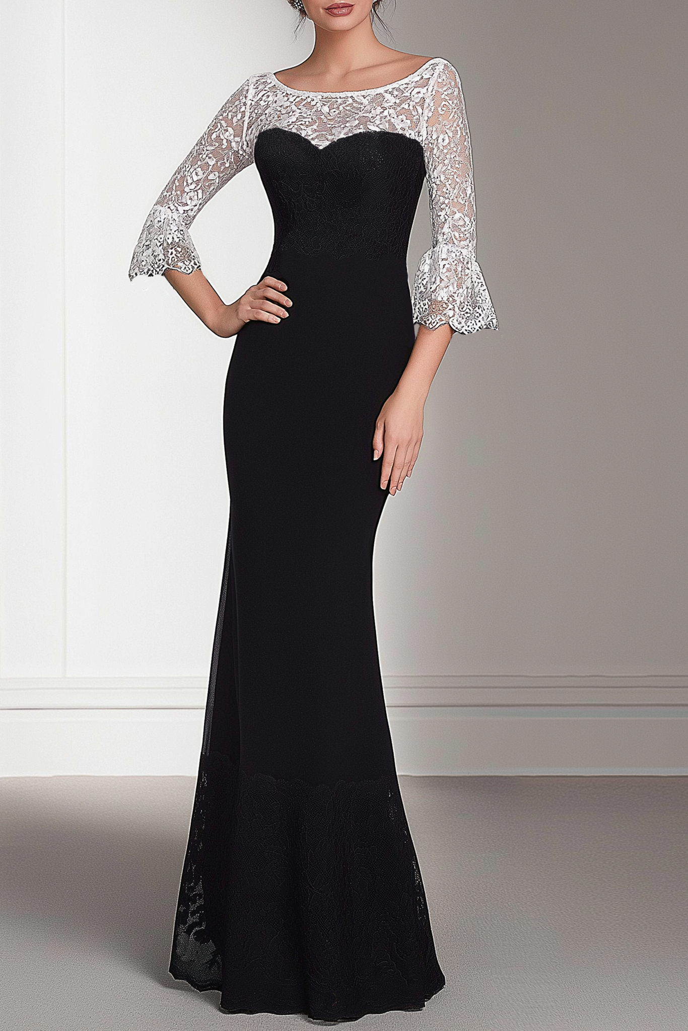 Formal Evening Dress Black Boat Neck Lace Maxi Dress