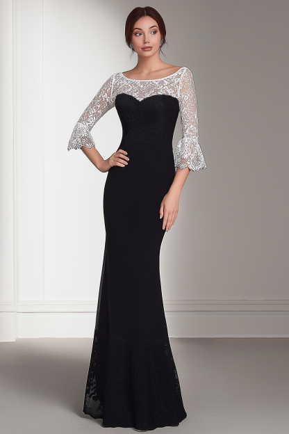 Formal Evening Dress Black Boat Neck Lace Maxi Dress
