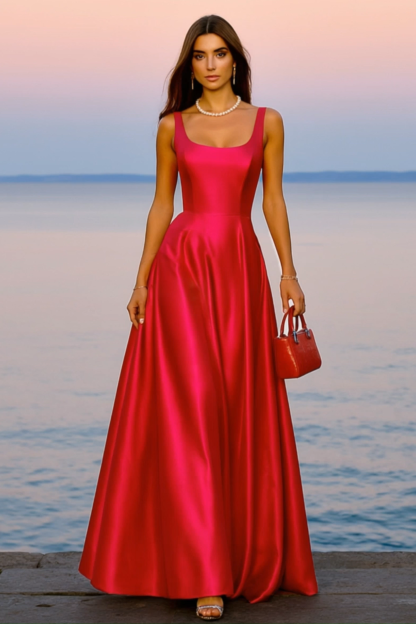Formal Evening Dress Red Square Neck Wide Strap A-Line Maxi Dress