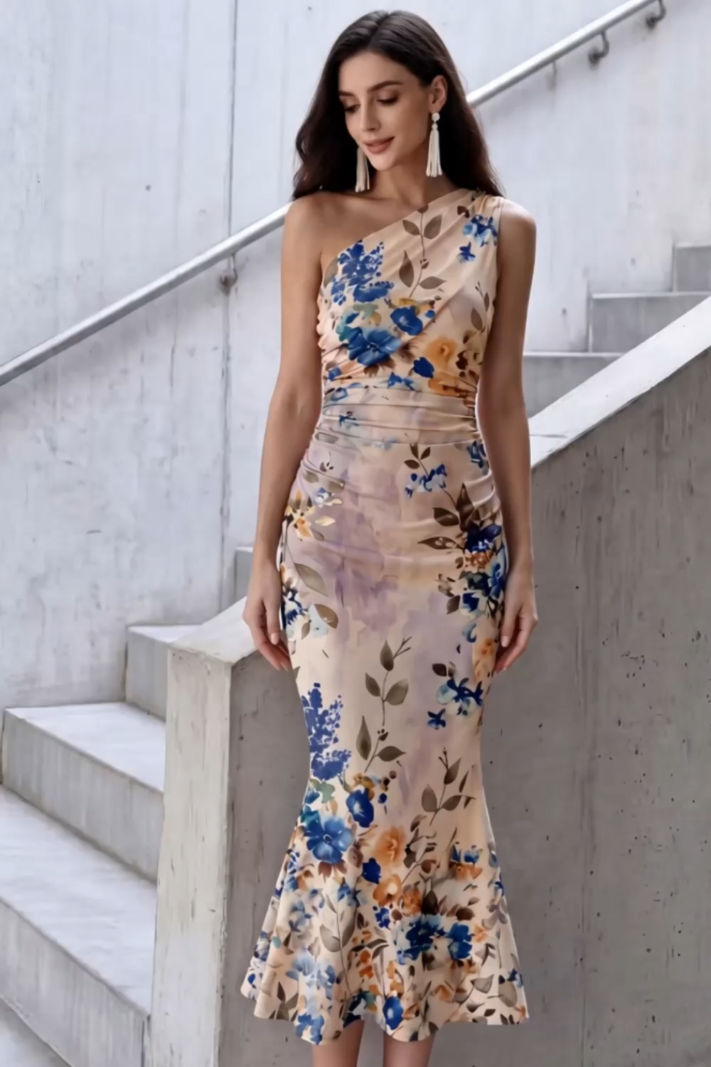 Ivory Formal Dress One Shoulder Mermaid Floral Midi Dress  chiclody