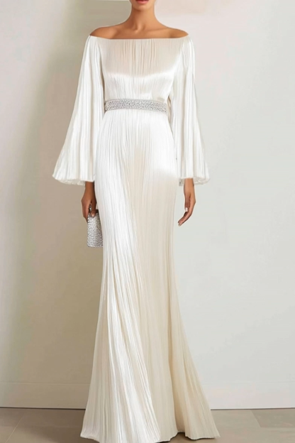 Formal Evening Gown Off Shoulder White Long Dress Pleated Satin Maxi Dress