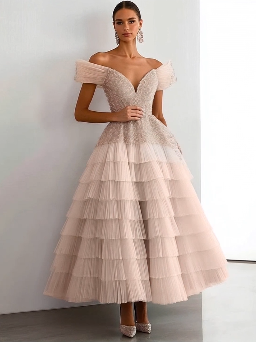 Evening Prom Tiered Dress Off-Shoulder Rhinestone Ruffled Graduation Dress