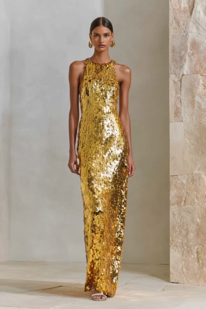Sparkly Formal Evening Dress Golden Crew Neck Sequin Maxi Dress 