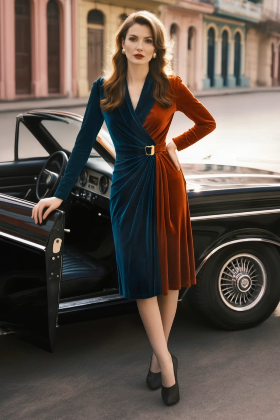 Cocktail Party Dress Blue V Neck Velvet Midi Long Sleeve Dress