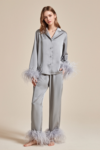 Wedding Pajama Set Pink Lapel Feather Satin Outfit Sets