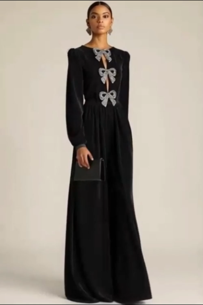 Black Formal Evening Dress A-Line Crew Neck Long Sleeves Bowknot Maxi Dress