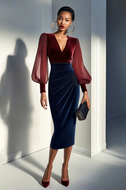 Cocktail Dress Burgundy V Neck Midi Velvet Dress