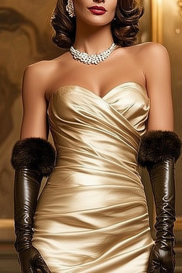 Formal Evening Dress Golden Strapless Ruched Maxi Satin Dress