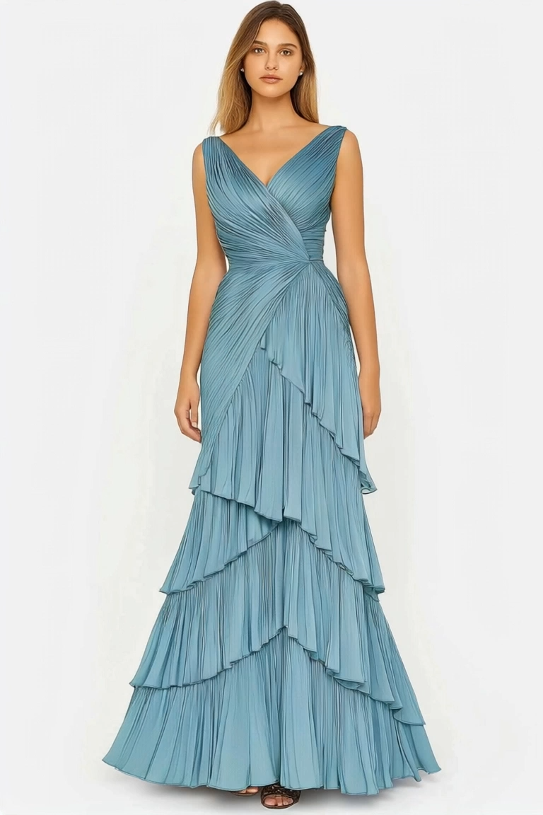 Formal Tiered Layer Dress Blue Sleeveless Pleated V-Neck Floor-Length Gown