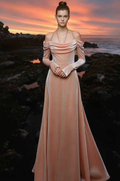 Evening Dress Pink Halter Neck Velvet Maxi Dress