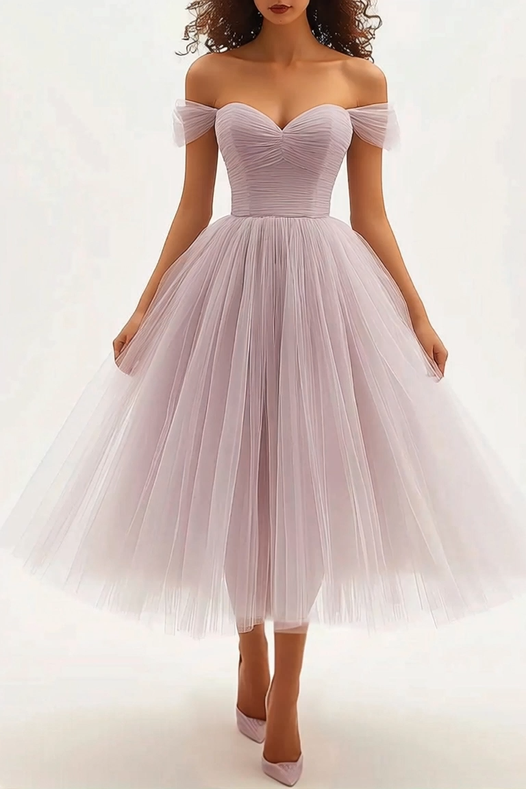 Prom Evening Tulle Dress Off-Shoulder Light Pink Pleated Midi Graduation Gown