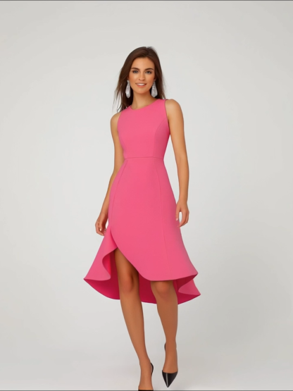 Semi-Formal Party Dress Pink Round Neck Sleeveless Midi Dress
