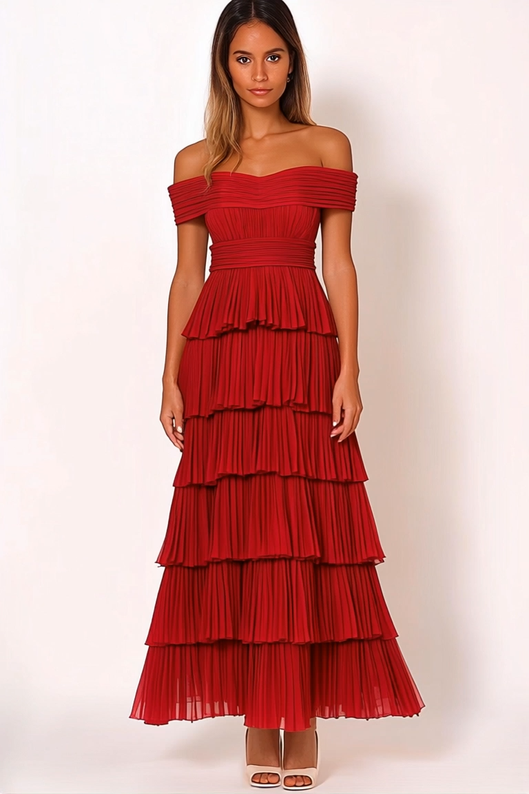 Party Tiered Dress Red Off Shoulder Pleated Maxi Dress