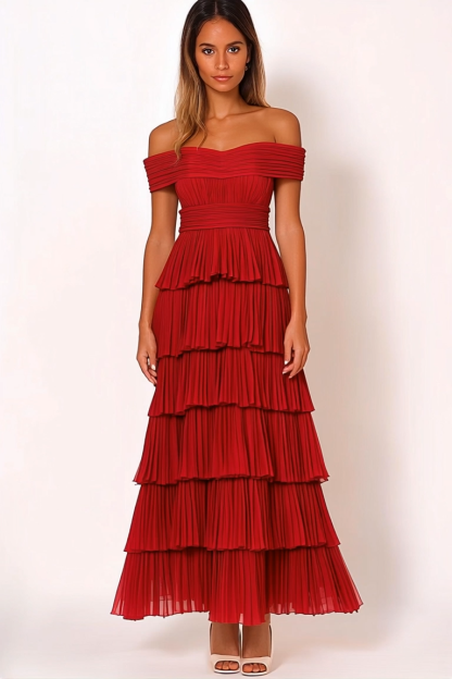 Party Tiered Dress Red Off Shoulder Pleated Maxi Dress