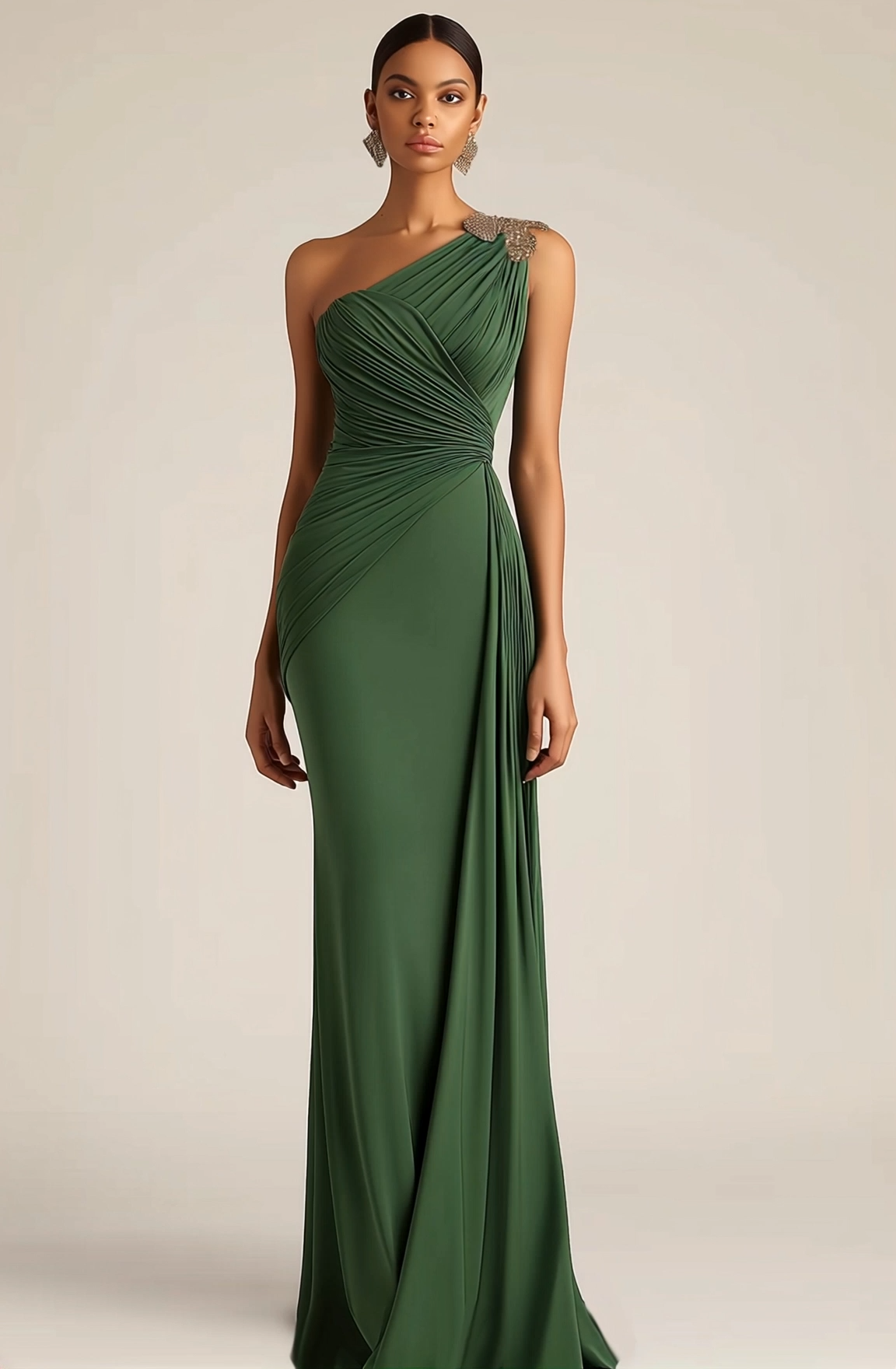 Formal Evening Dress Green One-Shoulder Ruched Floor-Length Dress
