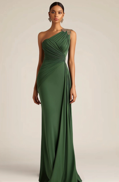 Formal Evening Dress Green One-Shoulder Ruched Floor-Length Dress