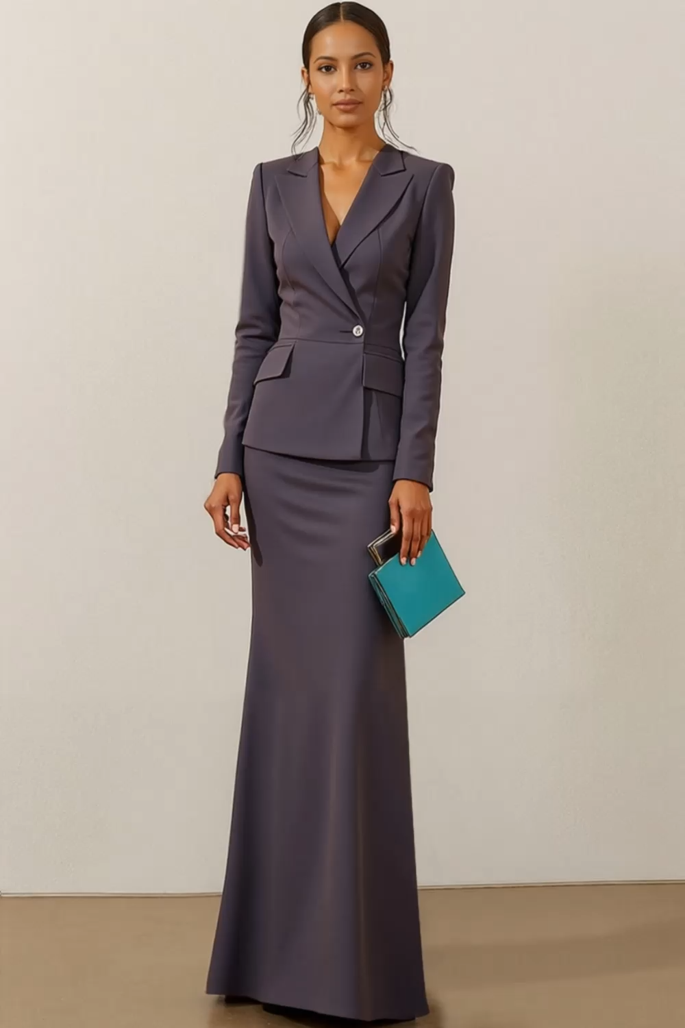 Work Suit Sets Dark Grey Lapel Long Sleeve Maxi Skirt Set