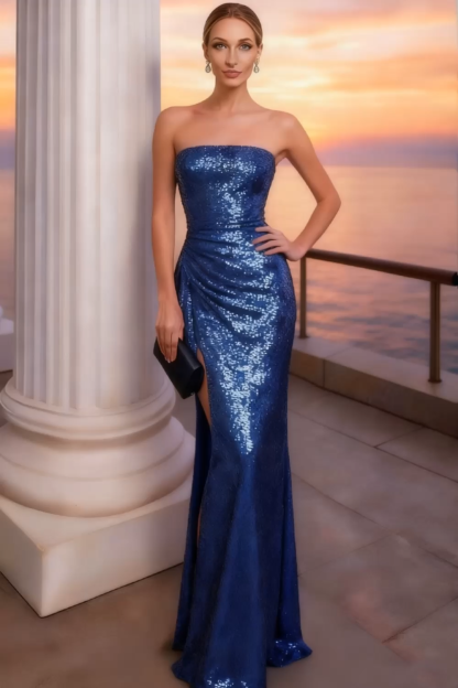 Formal Evening Dress Navy Strapless Sequin Maxi Dress with Slit