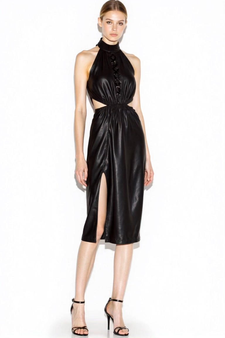 Cocktail Party Dress Halter Black Leather Cutout High Slit Knee-Length Dress