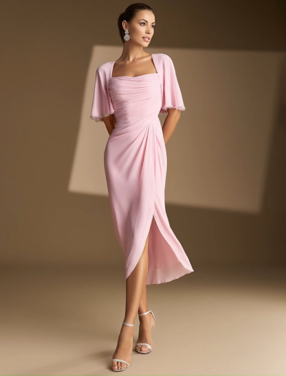 Semi-Formal Party Dress Pink Short Sleeve High Slit Midi Dress