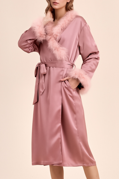 Wedding Pajama Robe Coffee V Neck Feather Satin Robes Gown