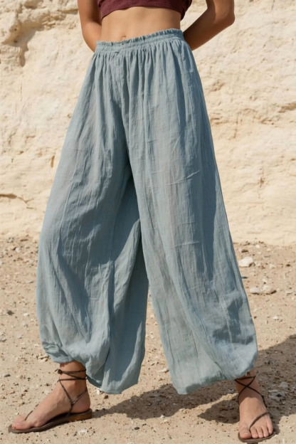 Vacation Casual Pants Blue Breathable Elastic Waist Loose Cuffed Pants