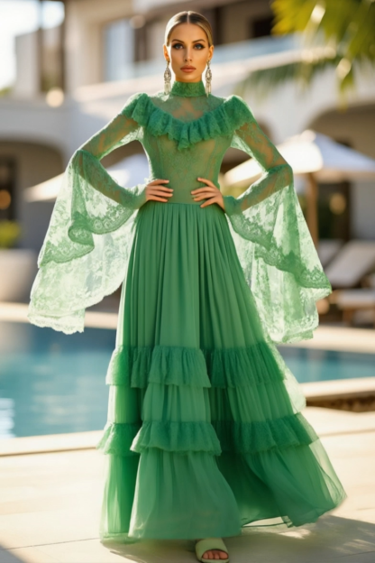 Holiday Dress Green Lace Chiffon Stand Collar Long Sleeve Maxi Dress 