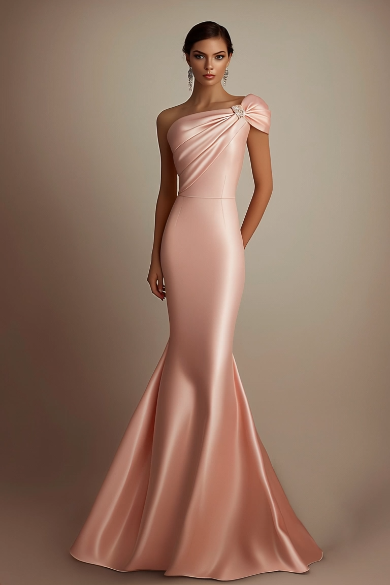 Evening Formal Satin Dress Light Pink One Shoulder Mermaid Floor-Length Gown