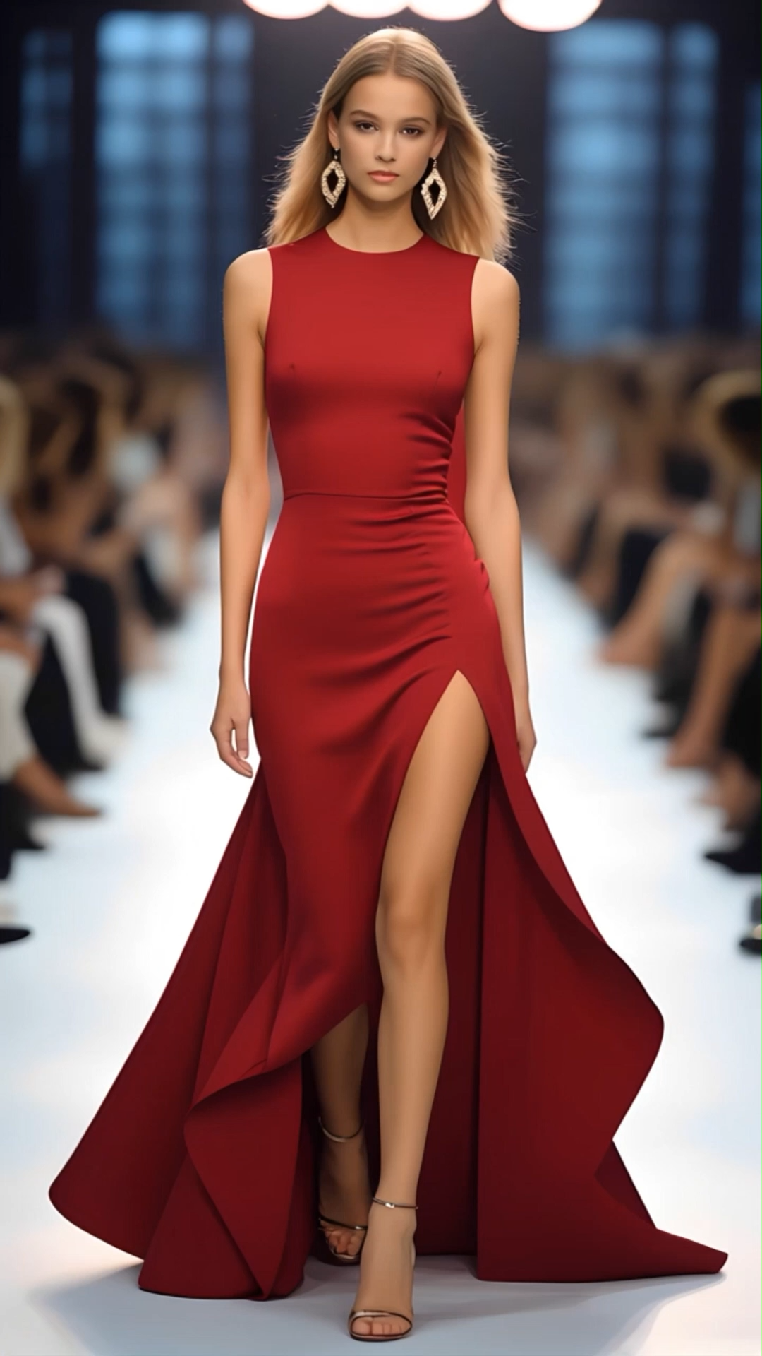 Semi-Formal Party Red Dress Round Neck Sleeveless Slit Gown