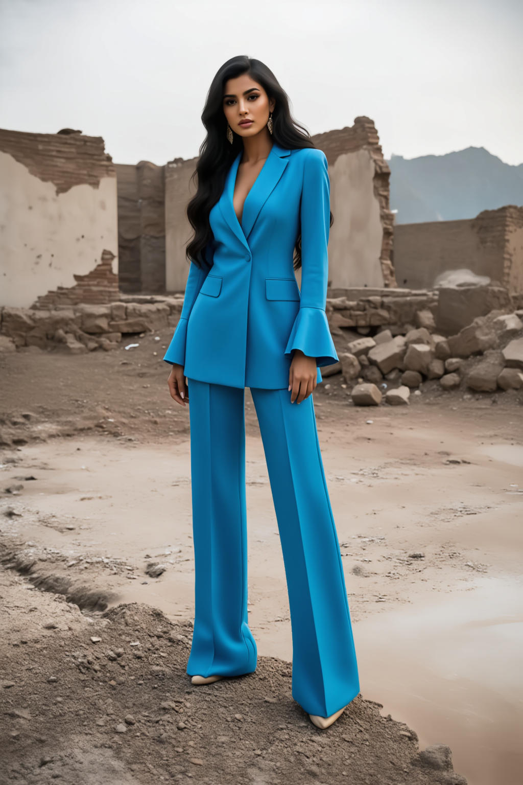 Work Blazer Suit Sets Blue Lapel Long Sleeve Pants Set