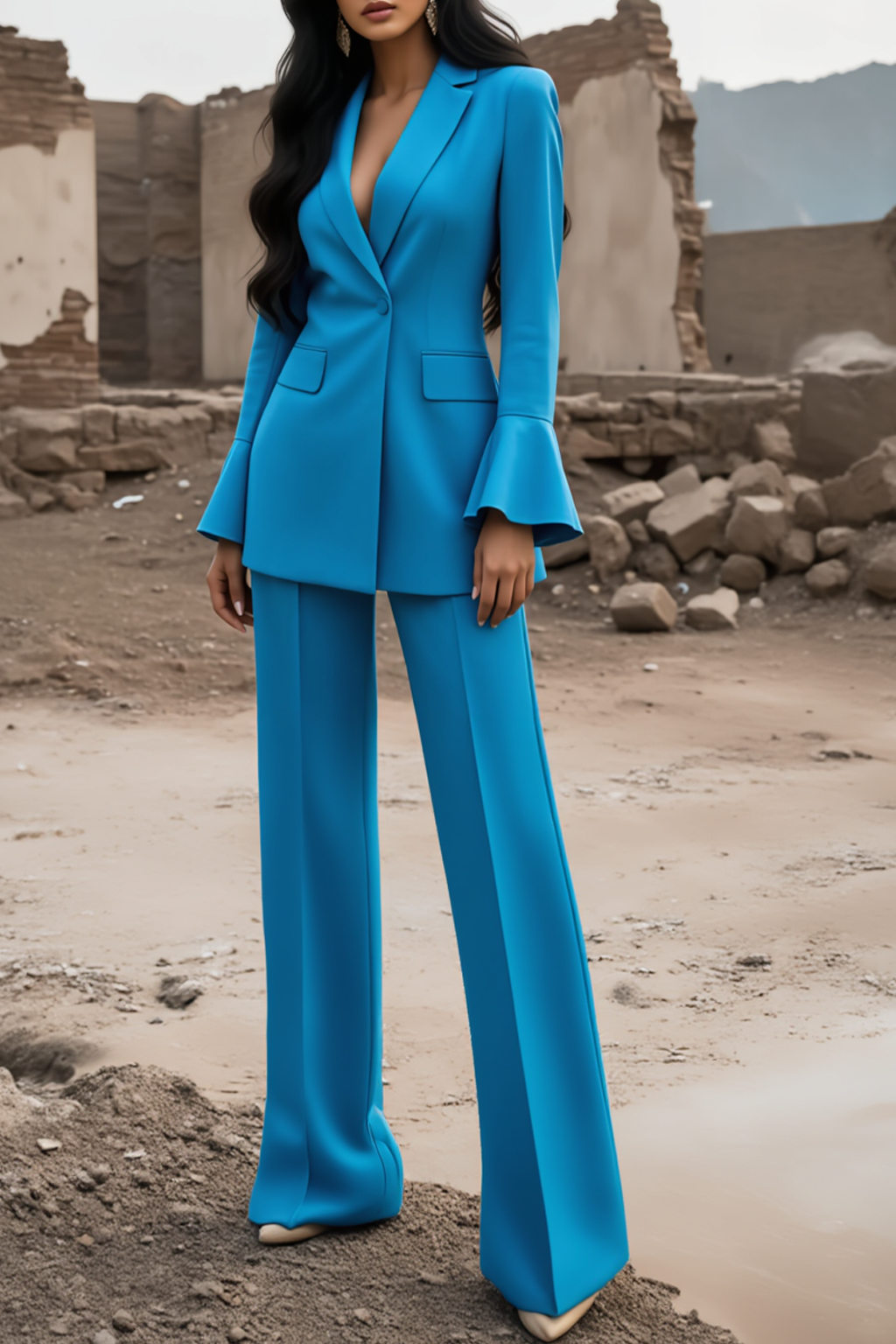 Work Blazer Suit Sets Blue Lapel Long Sleeve Pants Set