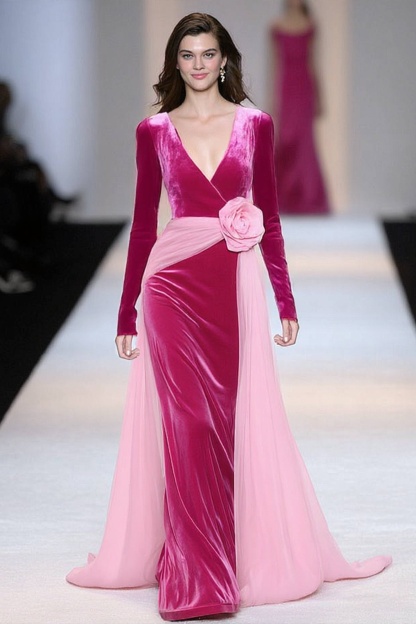 Formal ​Evening Dress Fuchsia V Neck Maxi Long Sleeve Dress