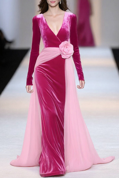 Formal ​Evening Dress Fuchsia V Neck Maxi Long Sleeve Dress