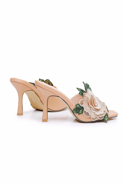 White Square-Toe Mule Heels Rose Flower Leaf Embroidery