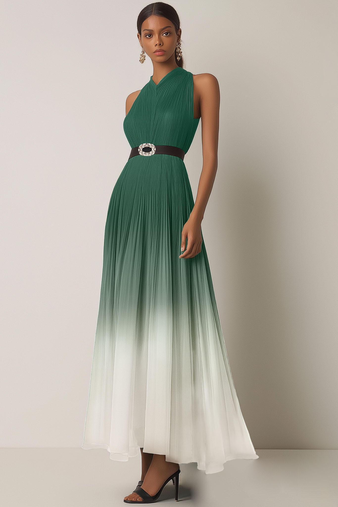 Evening Dress Green-White Ombre Pleated Chiffon Waist Tie Maxi Dress