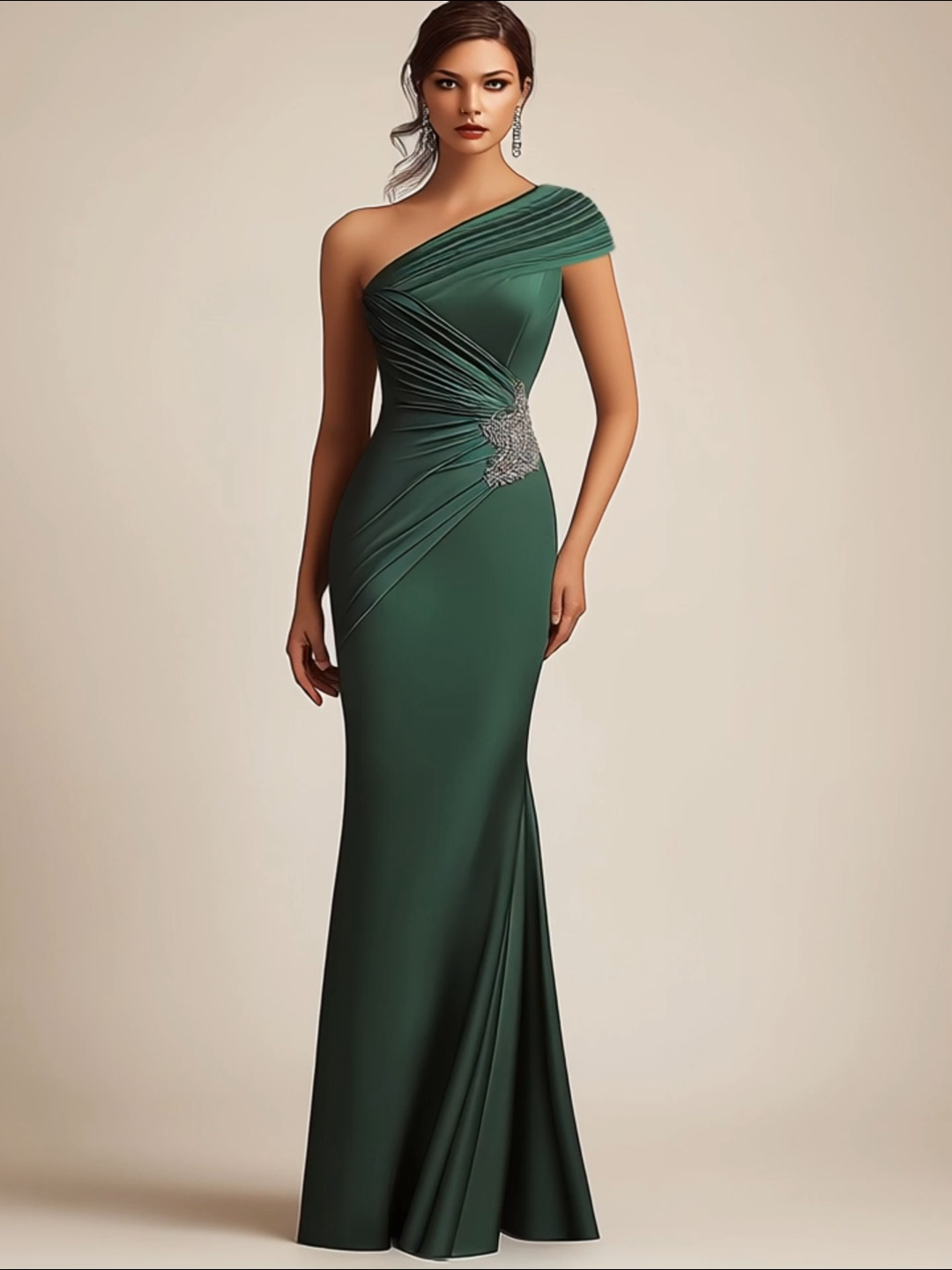 Formal Evening Dress Green One Shoulder Pleated Rhinestone Floor-Length Gown