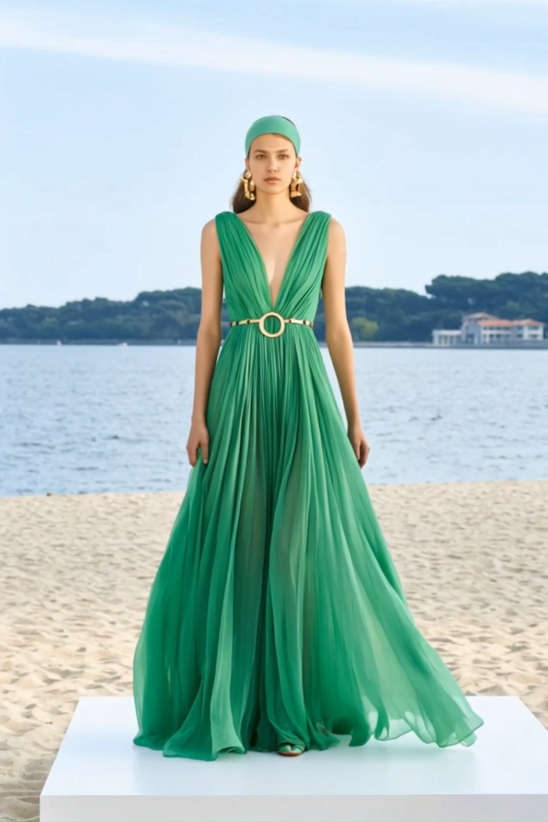 Evening Formal Dress Green Chiffon Deep V Sleeveless Floor-Length Gown