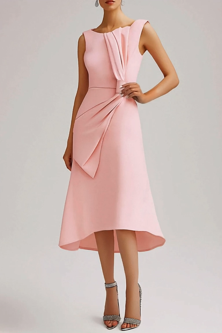 Wedding Guest Pink Dress Round Neck Sleeveless Bow Midi Dress