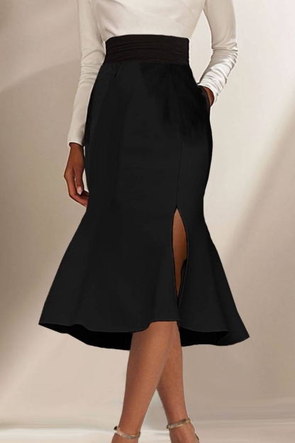 White Black Long-Sleeve Pencil Dress Flare Mermaid Dress