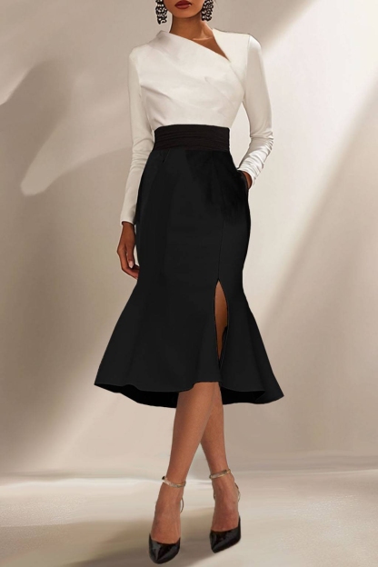 White Black Long-Sleeve Pencil Dress Flare Mermaid Dress