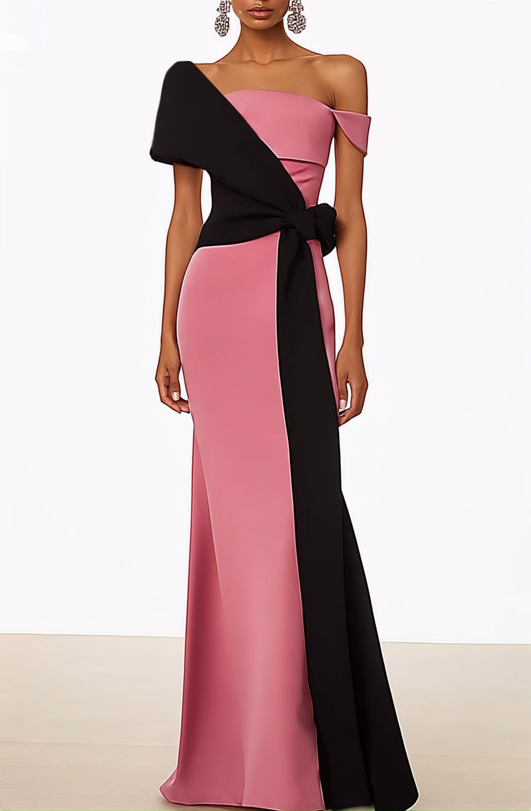 Party Wedding Guest Black Pink Dress One-Shoulder Asymmetrical Maxi Dress