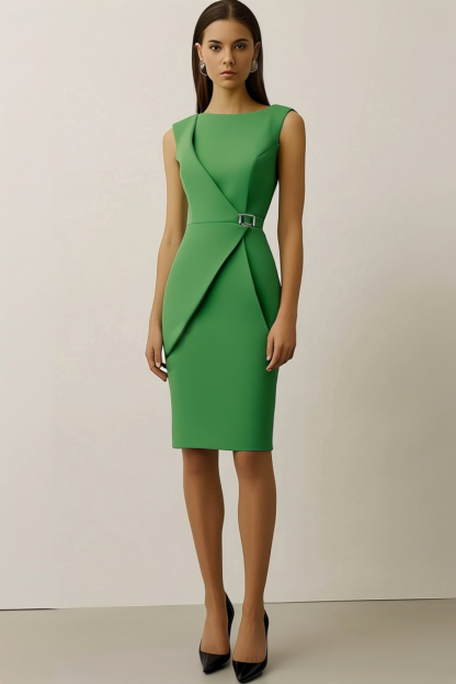 Work Semi Formal Dress Green Sleeveless Metal Button Waist Knee Length