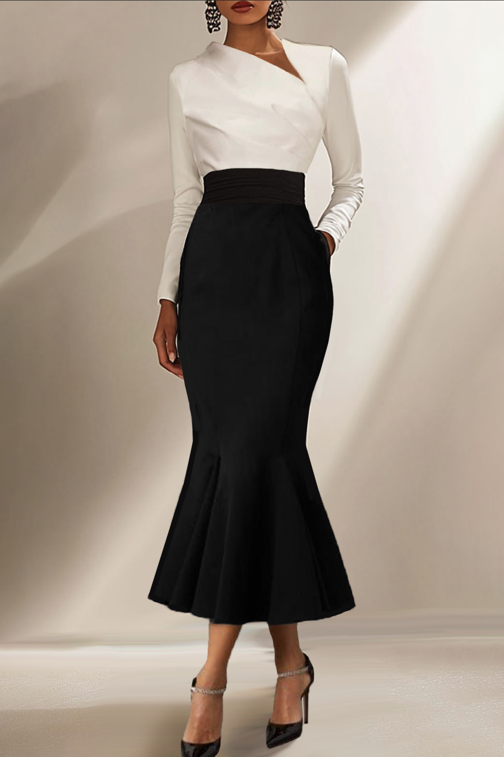 Business Casual Dress Black White Long-Sleeve Mermaid Dress