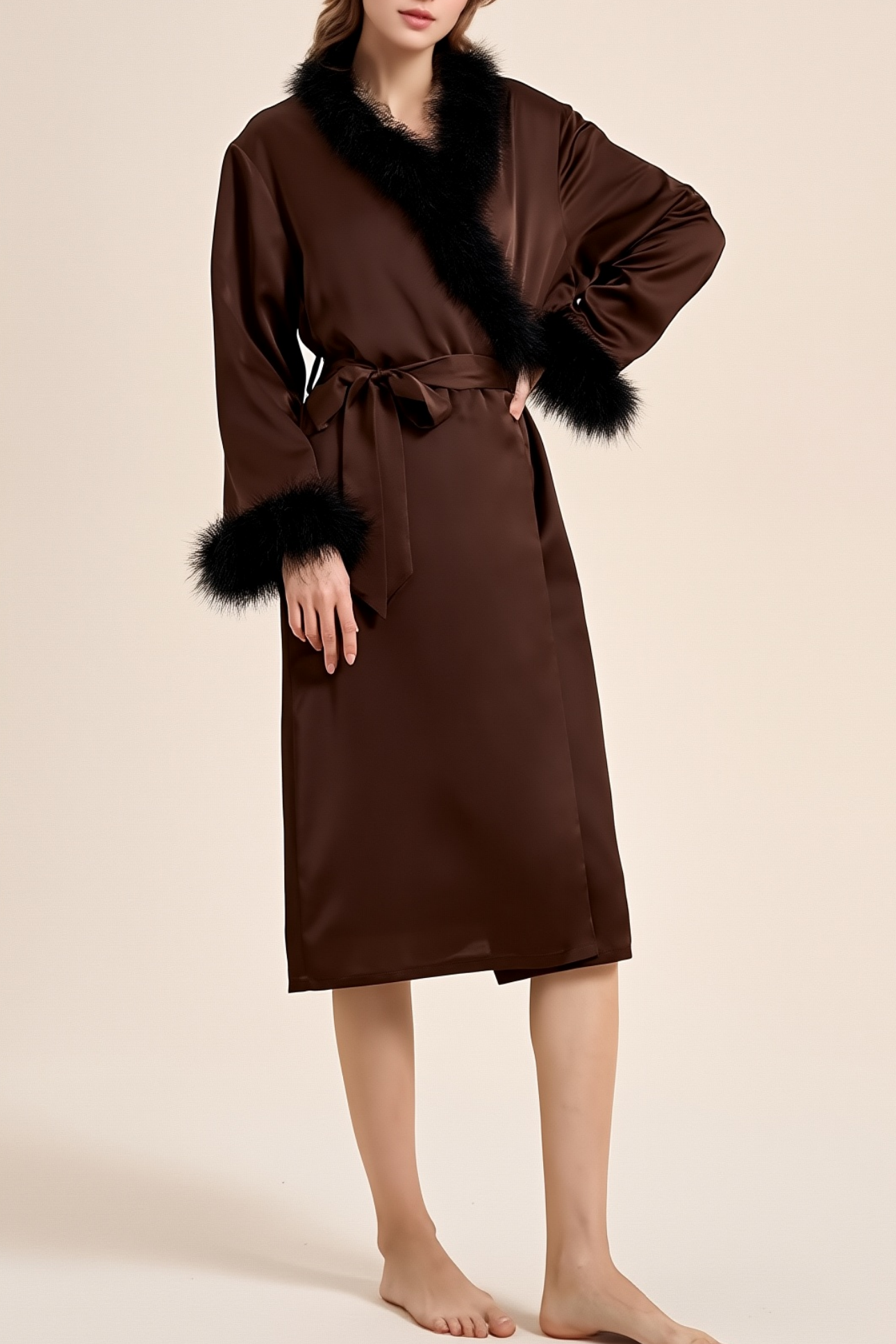 Wedding Pajama Robe Coffee V Neck Feather Satin Robes Gown