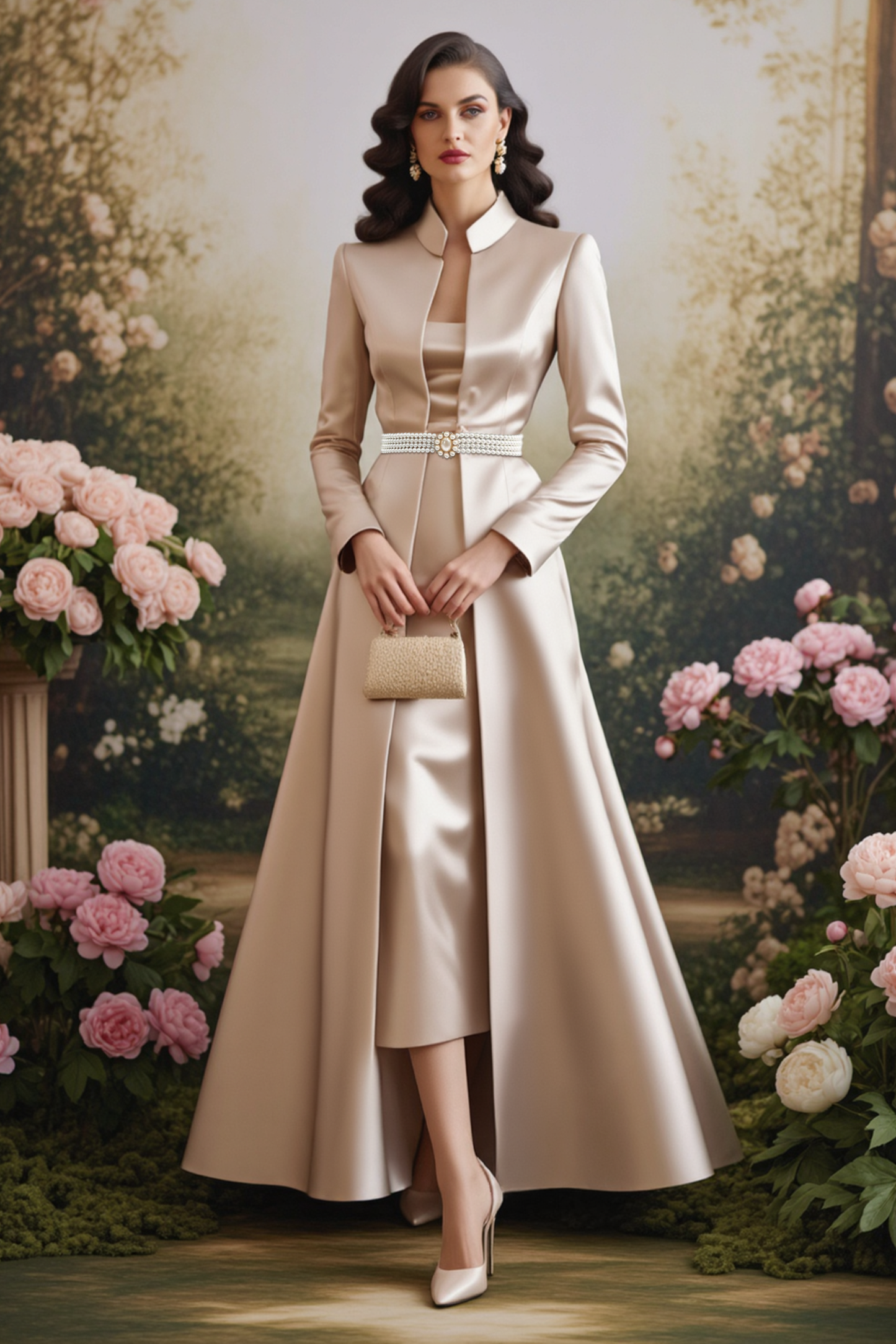 Formal Wedding Guest Dress Champagne Stand Collar 2 in 1 Maxi Long Sleeve Dress