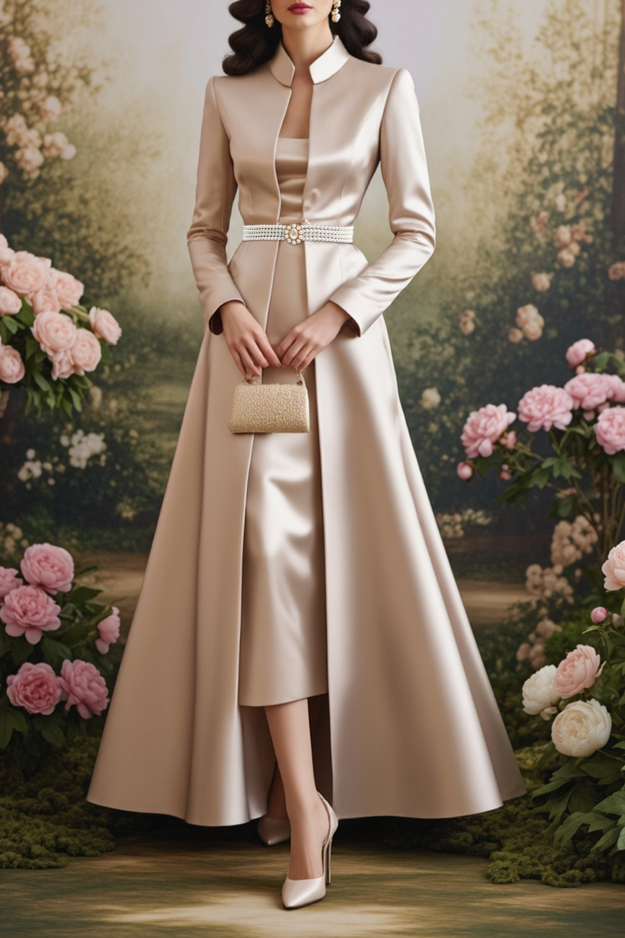 Formal Wedding Guest Dress Champagne Stand Collar 2 in 1 Maxi Long Sleeve Dress