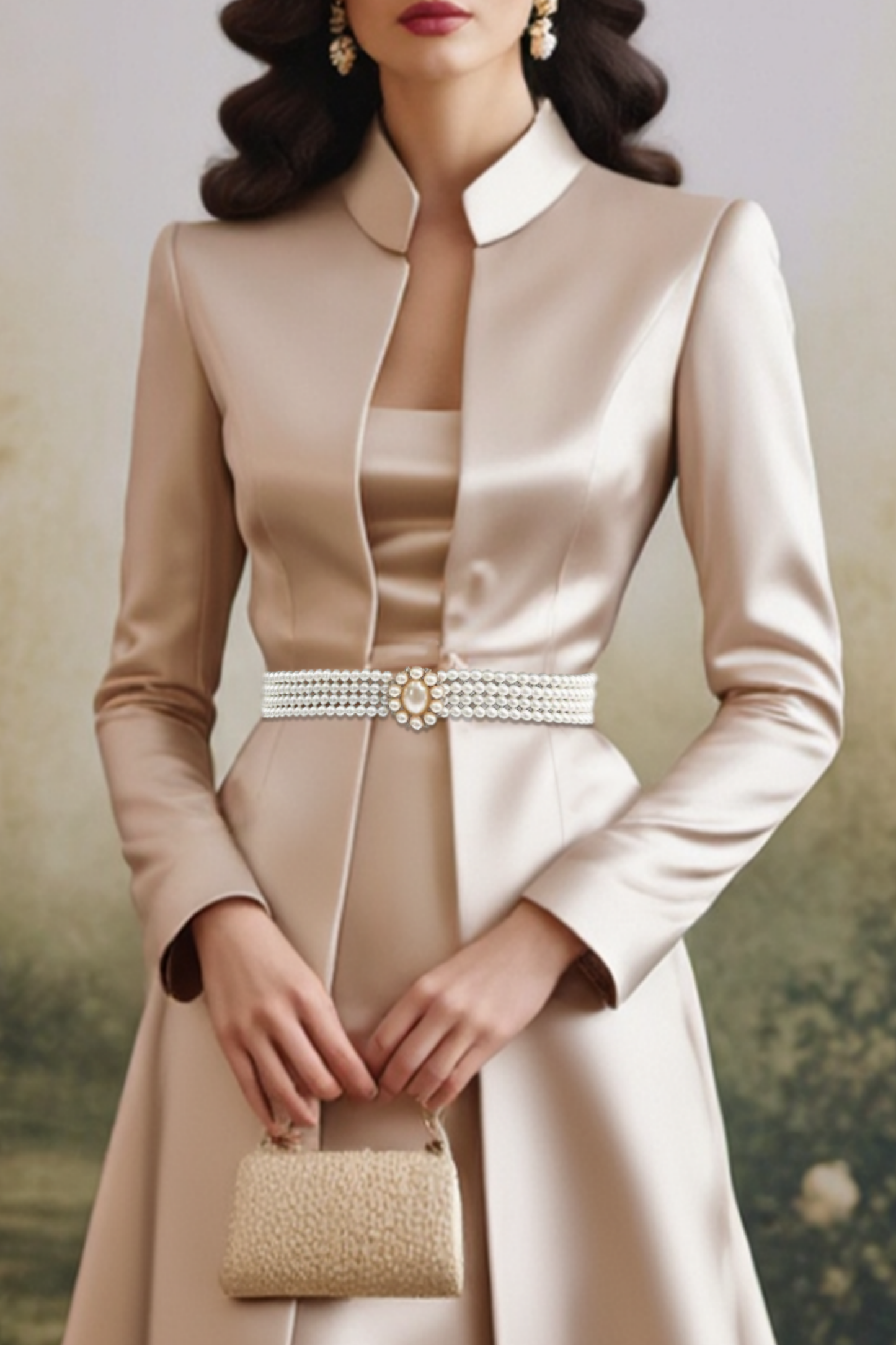 Formal Wedding Guest Dress Champagne Stand Collar 2 in 1 Maxi Long Sleeve Dress