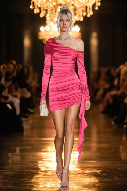 Homecoming Dress​​ Rose One Shoulder Satin Mini Long Sleeve Dress