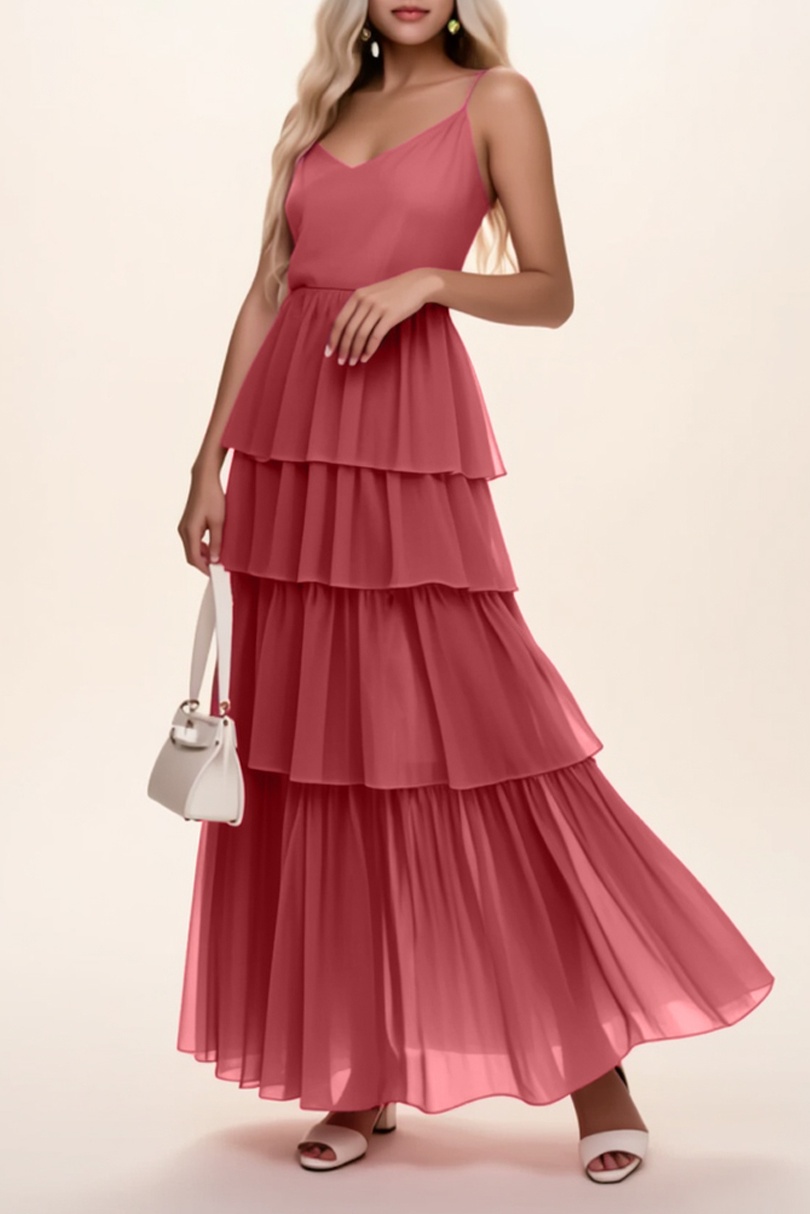 Vacation Party Tiered Dress Rose Red V Neck Chiffon Maxi Dress