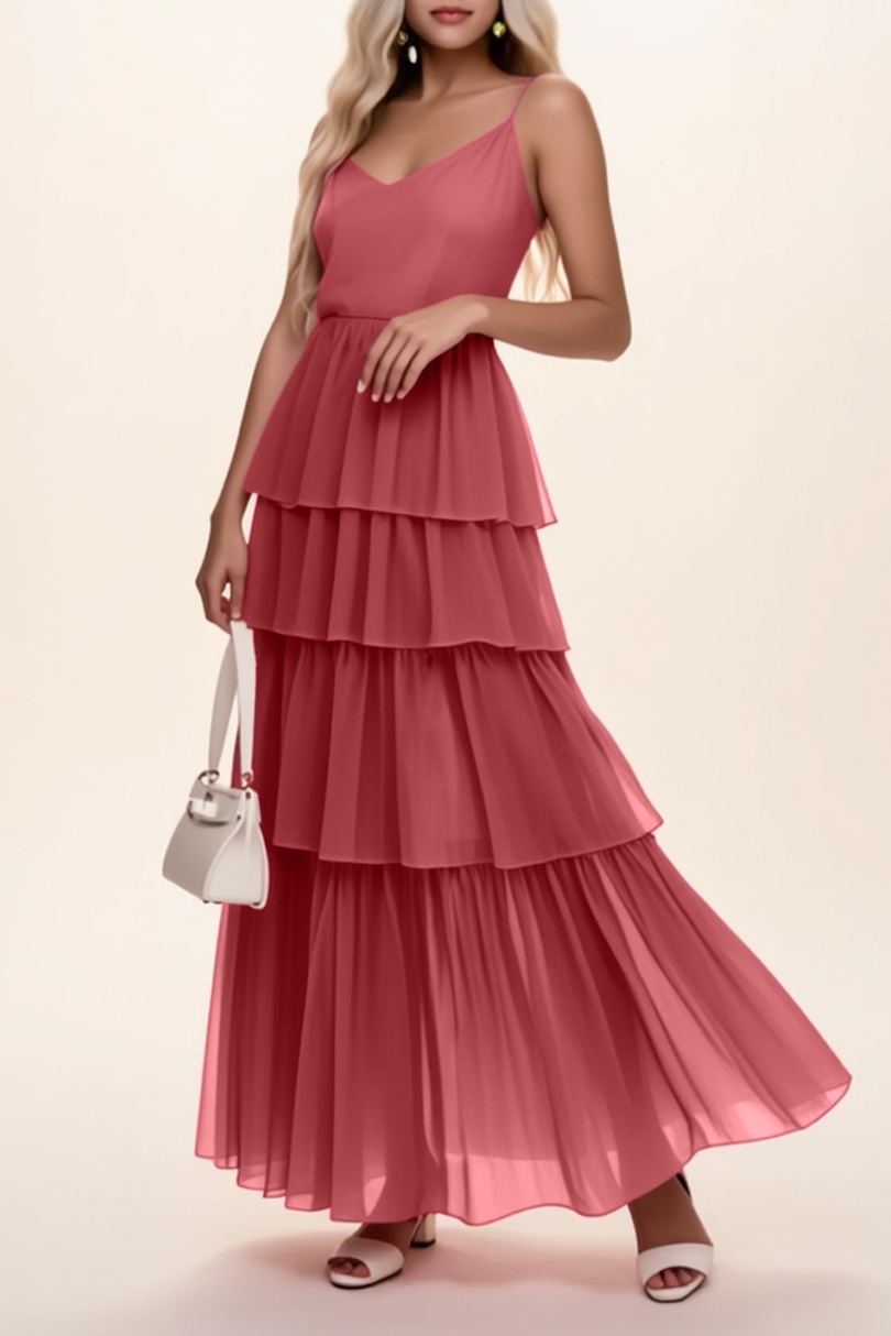 Vacation Party Tiered Dress Rose Red V Neck Chiffon Maxi Dress